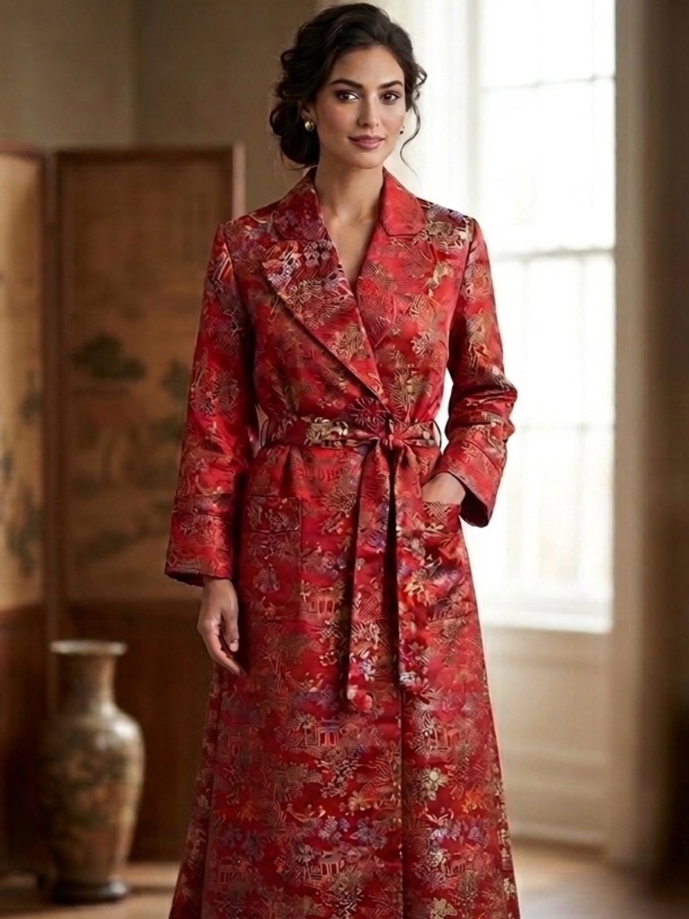 Vintage Robe Royal Red Peony Brand Mikado Satin Brocade Medium (Tagged 36) #fab